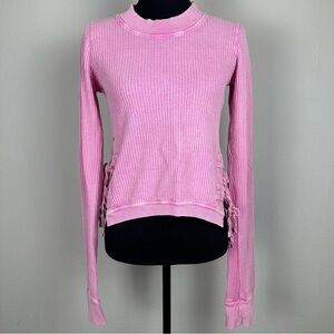 Free People Cropped Interlaken Waffle Knit Pink XS Thermal Top Cutout Bow Ties